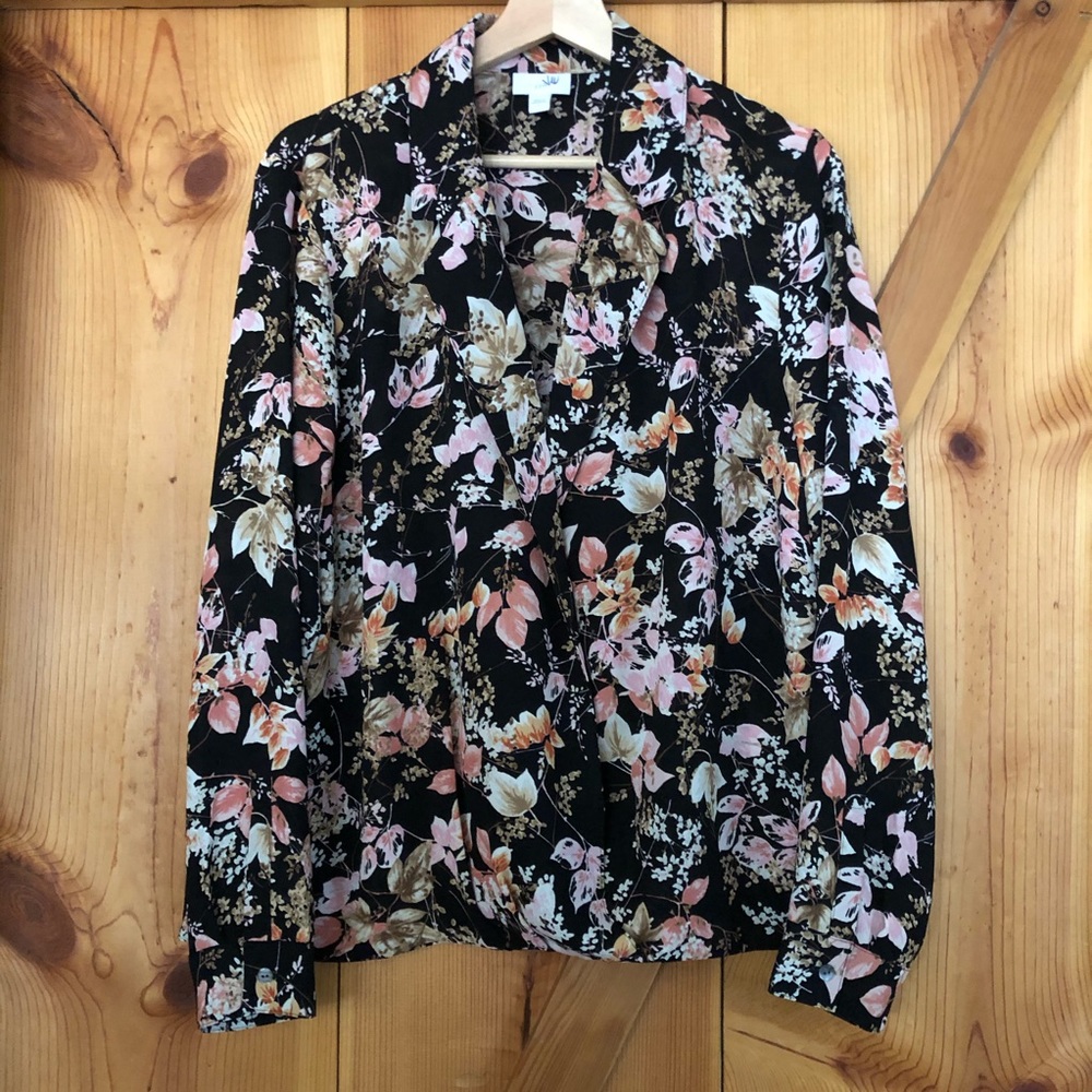 J Jill Black Floral Wrap Blouse
